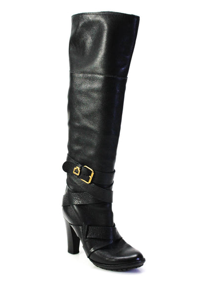 Chloe Womens Leather Buckled Strap High Heeled Knee High Boots Black Size 7