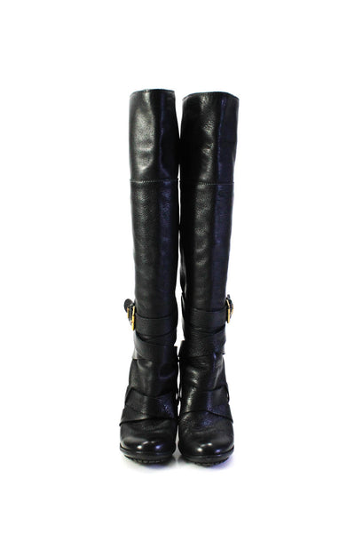 Chloe Womens Leather Buckled Strap High Heeled Knee High Boots Black Size 7