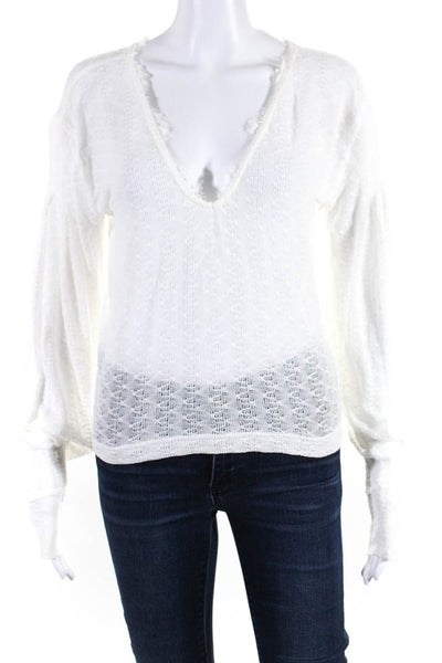 Free People Womens Thin Knit Pointelle V Neck Pullover Sweater White Size Small