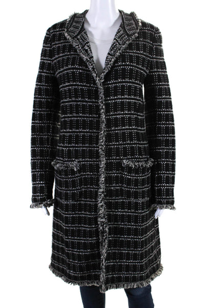 Bruno Manetti Womens Woven Check Long Button Up Fringe Jacket Black White Small