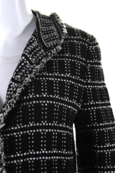 Bruno Manetti Womens Woven Check Long Button Up Fringe Jacket Black White Small