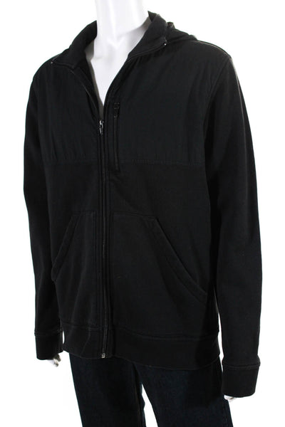 J Crew Mens Outerwear Fleece Hooded Mock Neck Zip Up Jacket Black Size L