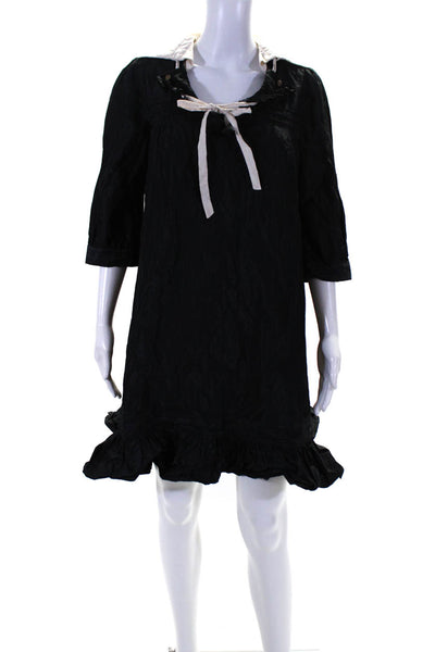 Mayle Womens Pleated Ruffle Trim Collared Long Sleeve Dress Black Size 6