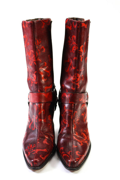 Donald J Pliner Womens Leather Patterned Cone Heel Boots Red Brown Size 7.5