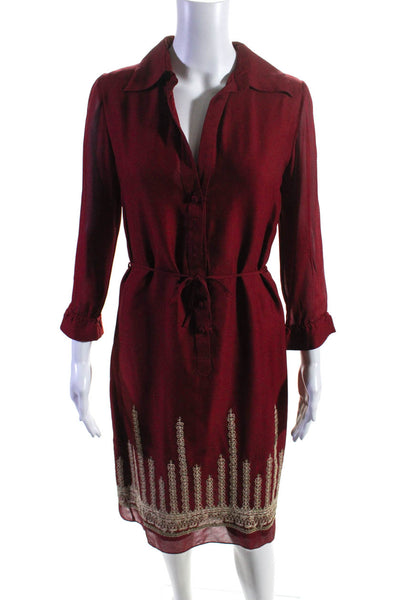 Jussara Womens Metallic Embroidered Long Sleeve Midi Shirt Dress Red Silk Size 6