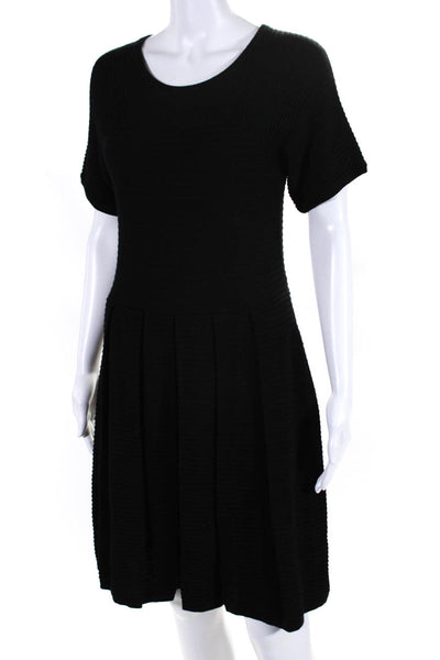 Shoshanna Womens Wool Knit Ribbed Pleated Shirt Sleeve Zip Up Dress Black Size M