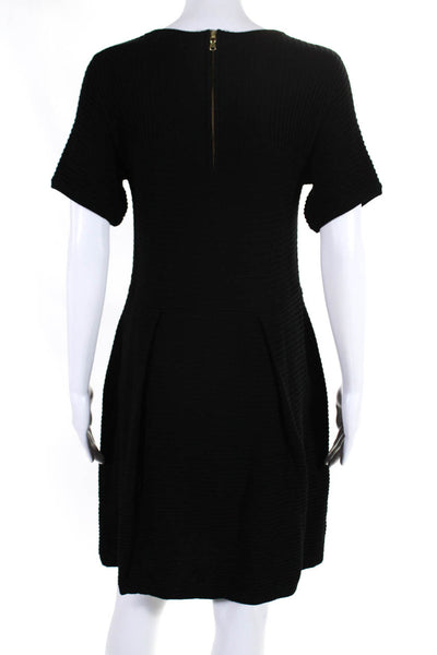 Shoshanna Womens Wool Knit Ribbed Pleated Shirt Sleeve Zip Up Dress Black Size M