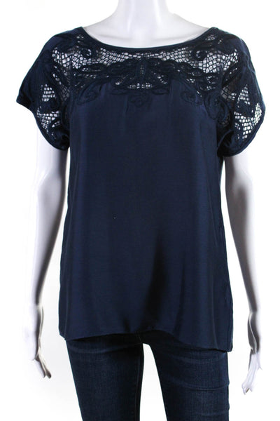 Tibi Womens Cotton + Silk Embroidered Short Sleeve Blouse Top Navy Size 6