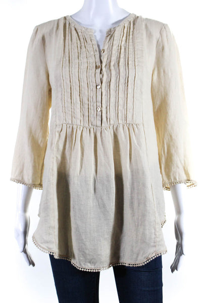 Calypso Saint Barth Womens Linen Pleated Long Sleeve Blouse Top Tan Size S