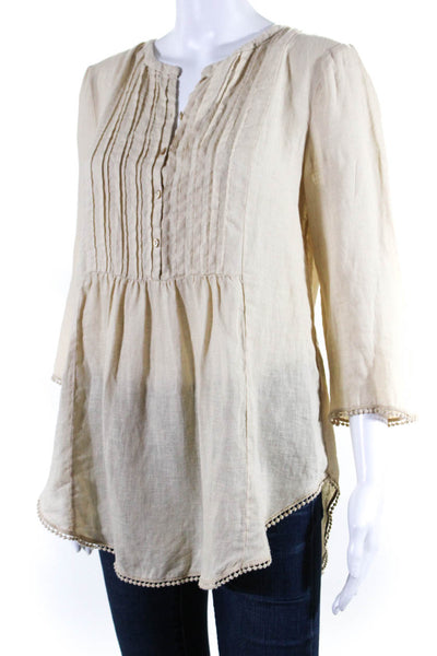 Calypso Saint Barth Womens Linen Pleated Long Sleeve Blouse Top Tan Size S