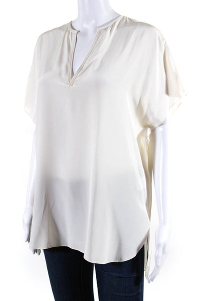 Vince Womens Silk Round Hem V-Neck Short Sleeve Pullover Blouse Top Beige Size M