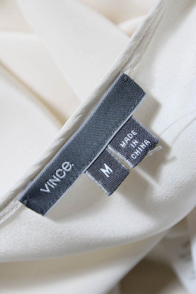 Vince Womens Silk Round Hem V-Neck Short Sleeve Pullover Blouse Top Beige Size M