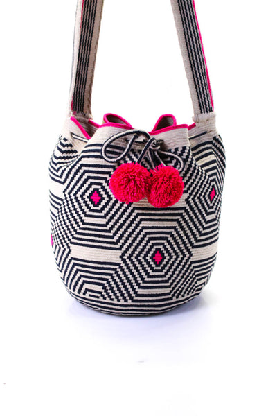 Sophie Anderson Womens Beige Black Striped Pink Pom-Pom Detail Bucket Handbag