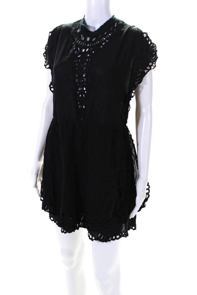 IRO Womenes Embroidered Cut Out Short Sleeve Zip Up Mini Dress Black Size 38