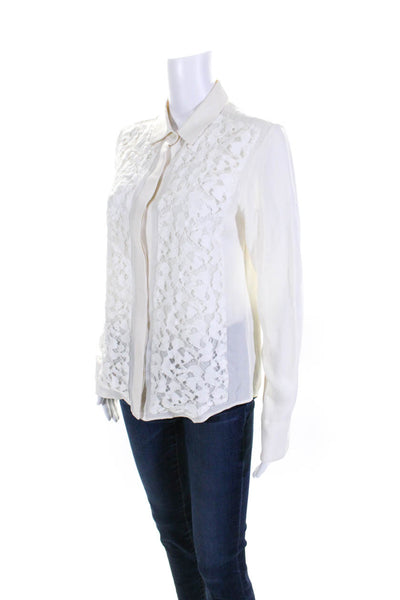 Theory Womens Cream Lace Trim Collar Long Sleeve Button Down Blouse Top Size M
