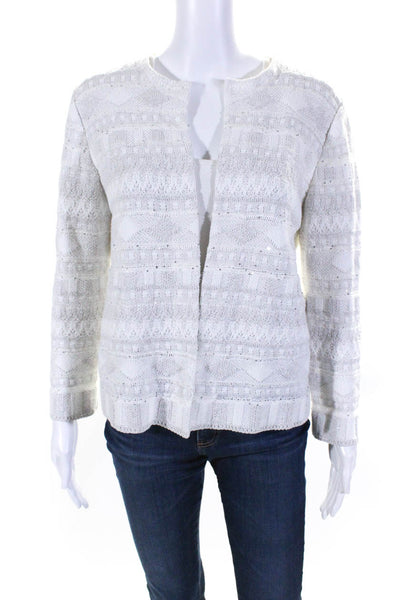 Amina Rubinacci Womens White Cotton Sequins Crew Neck Long Sleeve Jacket Size 46