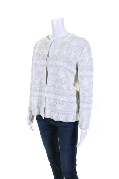 Amina Rubinacci Womens White Cotton Sequins Crew Neck Long Sleeve Jacket Size 46