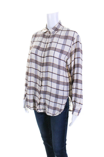 Maje Womens Long Sleeve Plaid Button Up Shirt Blouse Beige Navy Brown Size 2