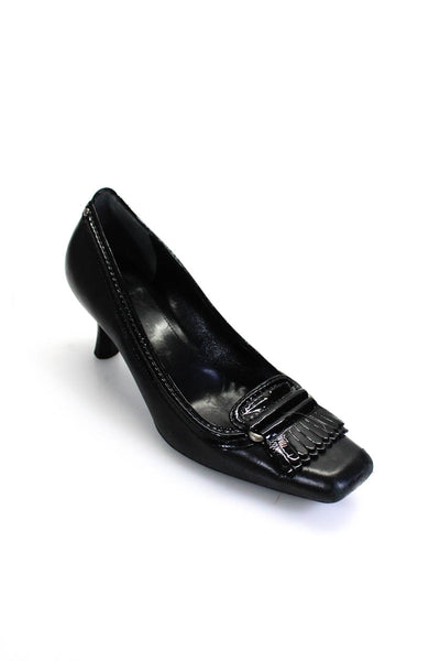 Cole Haan Women Patent Leather Trim Square Toe Fringe Slip On Pumps Black Size 9