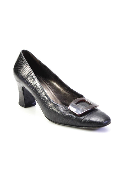 Salvatore Ferragamo Womens Embossed Leather Block Heel Slip On Pumps Black Sz 8