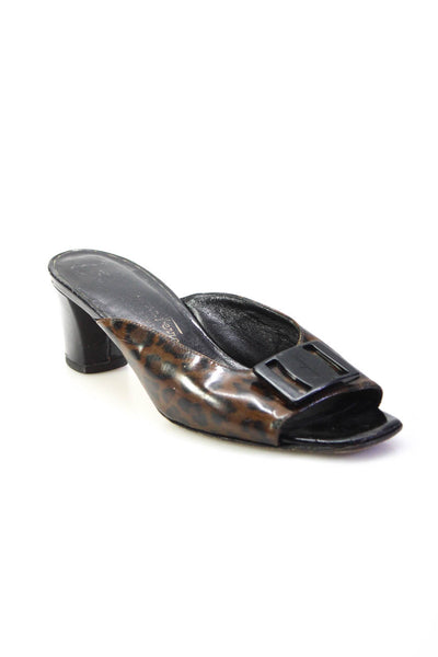 Salvatore Ferragamo Womens Leopard Print Patent Leather Mules Sandals Brown Sz 5