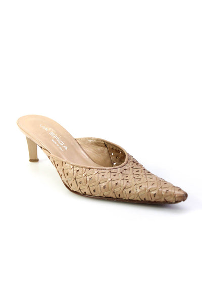 Via Spiga Womens Woven Leather Point Toe Mid Heel Mules Pumps Beige Size 6