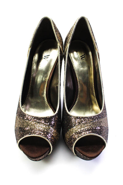 Worthington Womens Glitter Peep Toe Slip On Stiletto Pumps Brown Gold Size 8