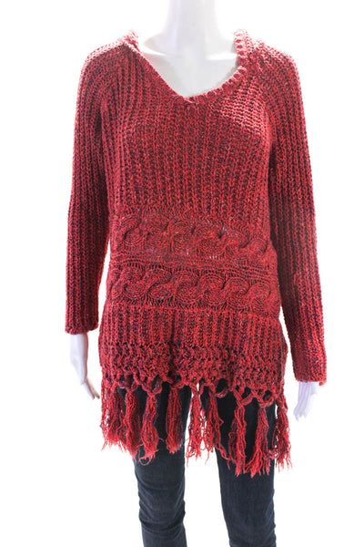 Free People Womens Red Cotton Fringe Edge Hooded Pullover Sweater Top Size S