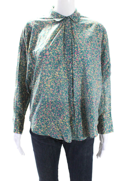 Mirth Women's Collared 3/4 Sleeves Button Down Green Floral Blouse Size XS
