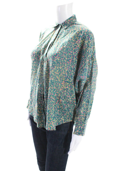 Mirth Women's Collared 3/4 Sleeves Button Down Green Floral Blouse Size XS
