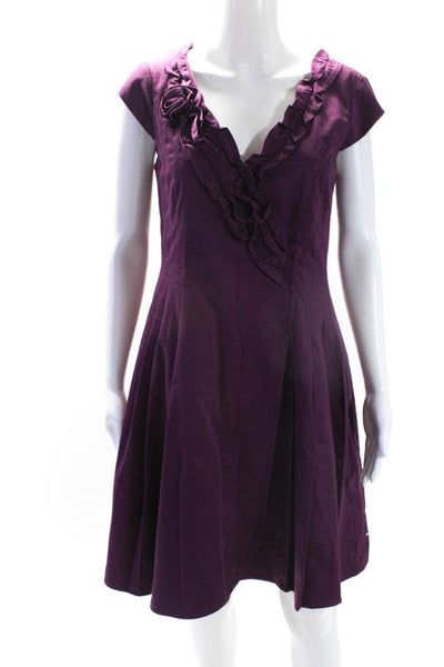 Kay Unger Womens Ruffled V Neck Short Sleeves A Line Dress Purple Cotton Size 8