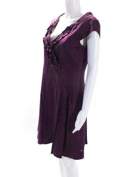 Kay Unger Womens Ruffled V Neck Short Sleeves A Line Dress Purple Cotton Size 8