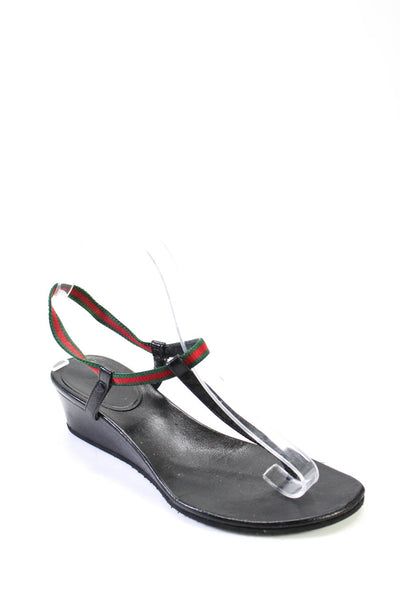Gucci Womens Webbing Leather T Strap Low Wedge Sandals Black Leather Size 6