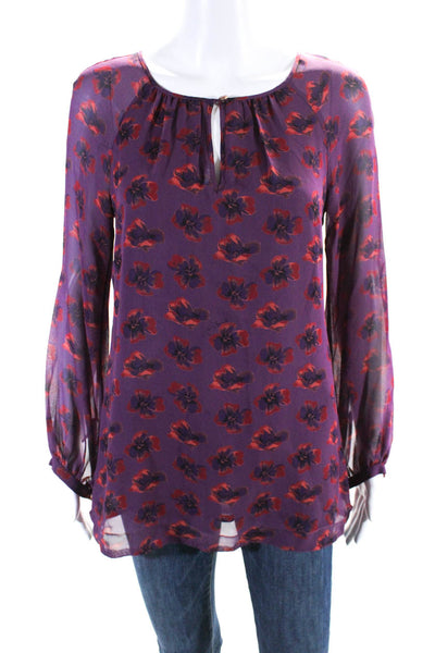 Tory Burch Womens Silk Floral Print Buttoned Long Sleeve Blouse Purple Size 2