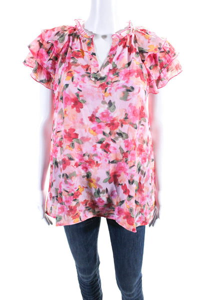 Nanette Lepore Womens Floral Print V-Neck Short Sleeve Blouse Top Pink Size M