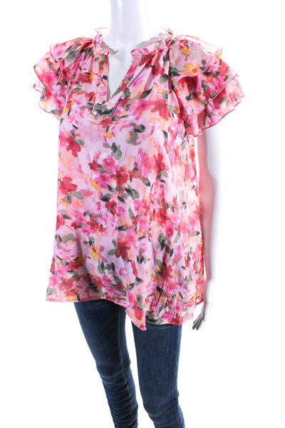 Nanette Lepore Womens Floral Print V-Neck Short Sleeve Blouse Top Pink Size M