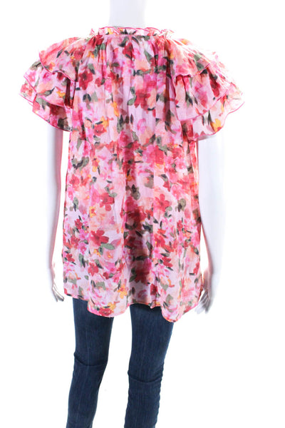 Nanette Lepore Womens Floral Print V-Neck Short Sleeve Blouse Top Pink Size M