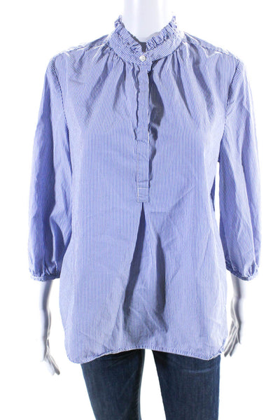 Birds of Paradis Womens Cotton Long Sleeve Ruffle Striped Blouse Blue Size M