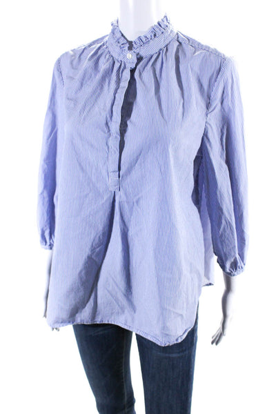 Birds of Paradis Womens Cotton Long Sleeve Ruffle Striped Blouse Blue Size M