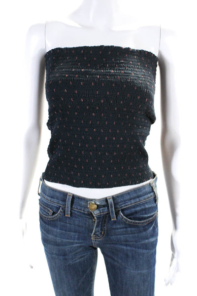 Etoile Isabel Marant Womens Smocked Dotted Strapless Top Navy Blue Cotton FR 36