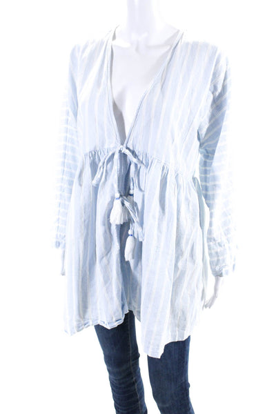 Roller Rabbit Womens Long Sleeve V Neck Striped Wrap Shirt White Blue Size Large