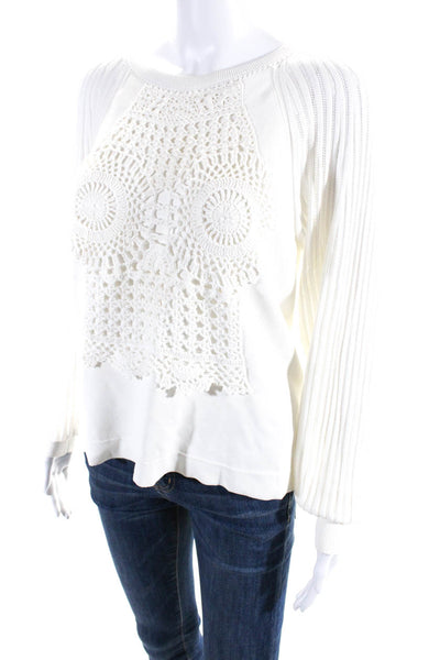 Chloe Womens Scoop Neck Open Knit Sleeve Crochet Trim Top Iconic Milk Medium