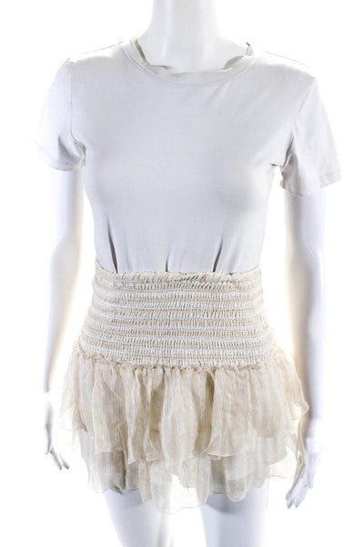 Anine Bing Womens Smocked Waistband Striped Silk Tiered Mini Skirt Beige Small