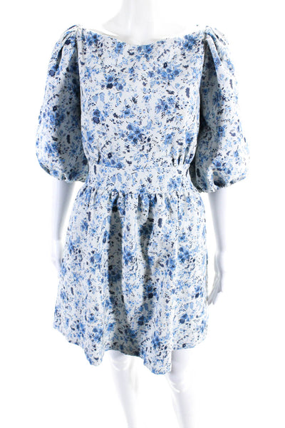 Majorelle Womens Short Sleeve Square Neck Floral Shift Dress White Blue Large