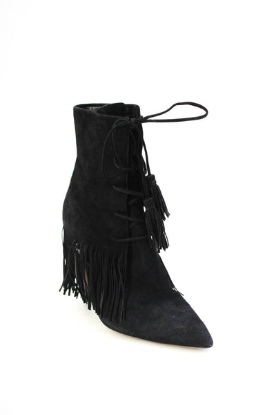 Aquazzura Womens Lace Up Stiletto Fringe Pointed Booties Black Suede Size 37