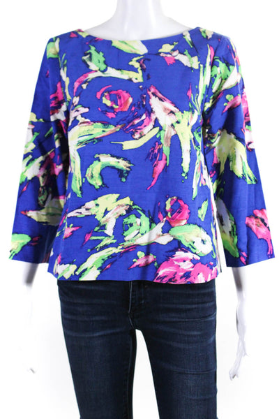 Shoshanna Womens Cotton Blend Abstract Print Long Sleeve Blouse Top Blue Size 6