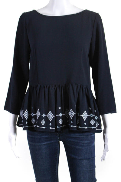 Shoshanna Womens Embroidered Round Neck Long Sleeve Blouse Top Navy Size 6