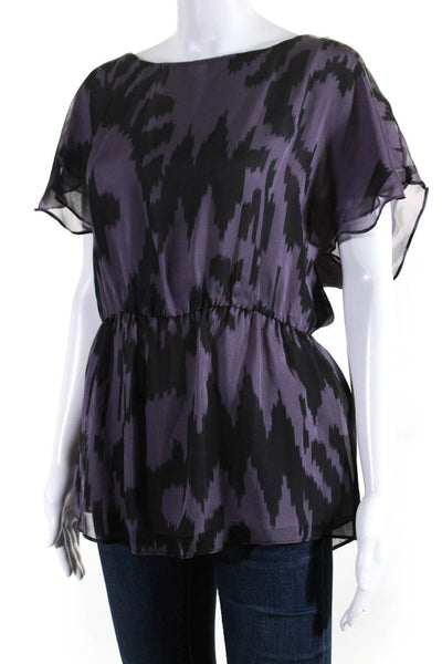 Shoshanna Womens Silk Abstract Round Neck Short Sleeve Blouse Top Purple Size 6