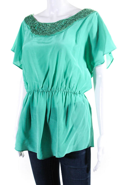 Shoshanna Womens Silk Beaded Neck Short Sleeve Pullover Blouse Top Green Size 6