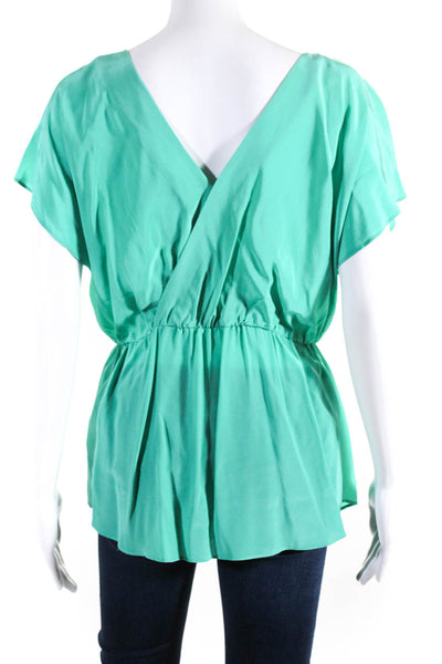 Shoshanna Womens Silk Beaded Neck Short Sleeve Pullover Blouse Top Green Size 6